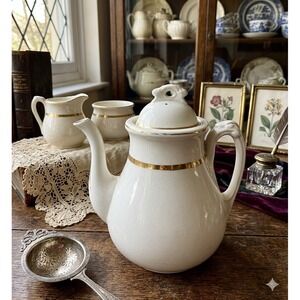 1891 Antique Alfred Meakin Royal Ironstone China Teapot Gold Band England White